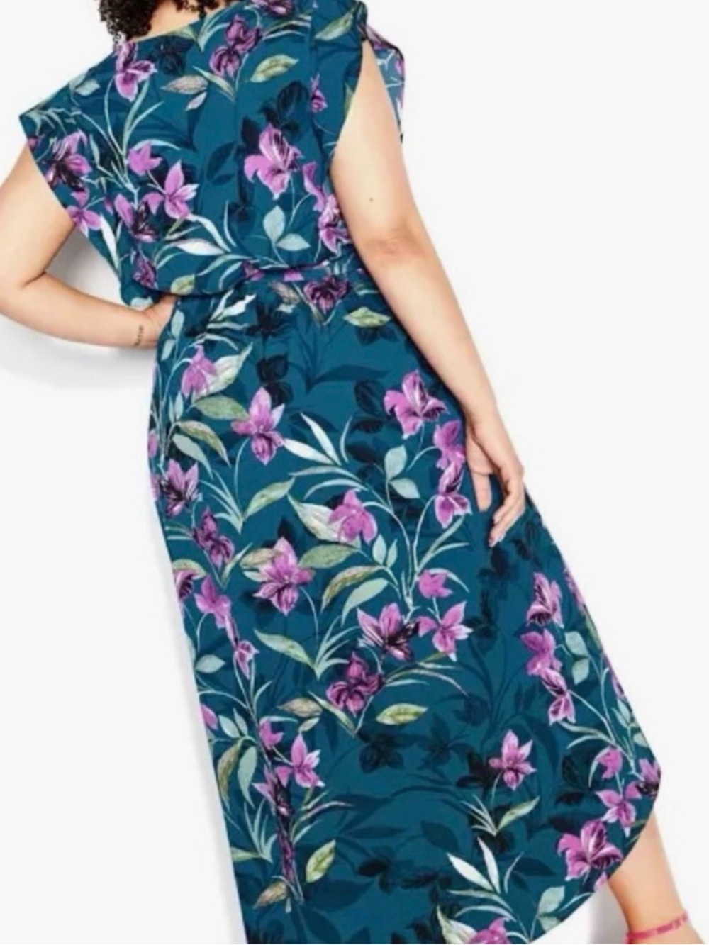 City Chic Teal Floral High-Low Wrap Dress with Pink Blooms - Picture 3 of 3